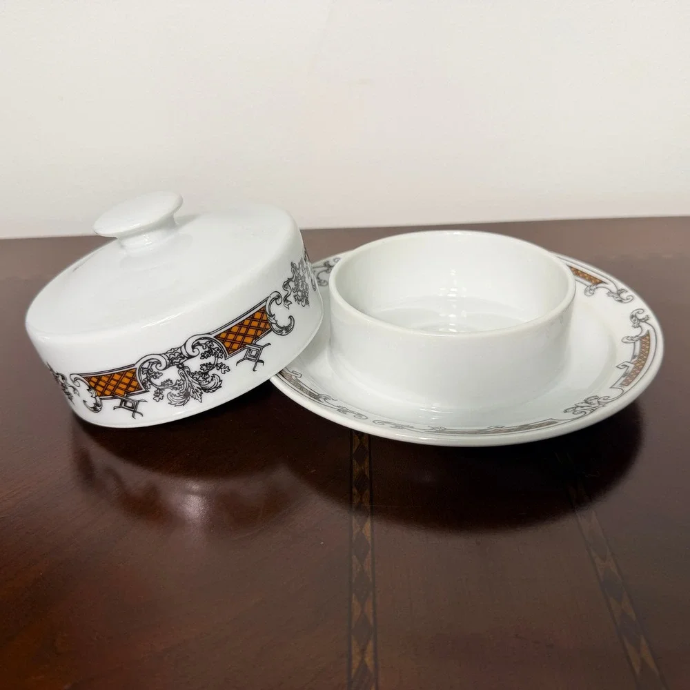 Vintage Czechoslovakia Porcelain Butter Dish Covered Cheese Keeper Black White